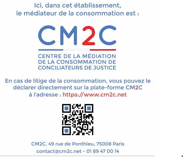 Vitrophanie CM2C — Ici, dans cet établissement, le médiateur de la consommation est CM2C